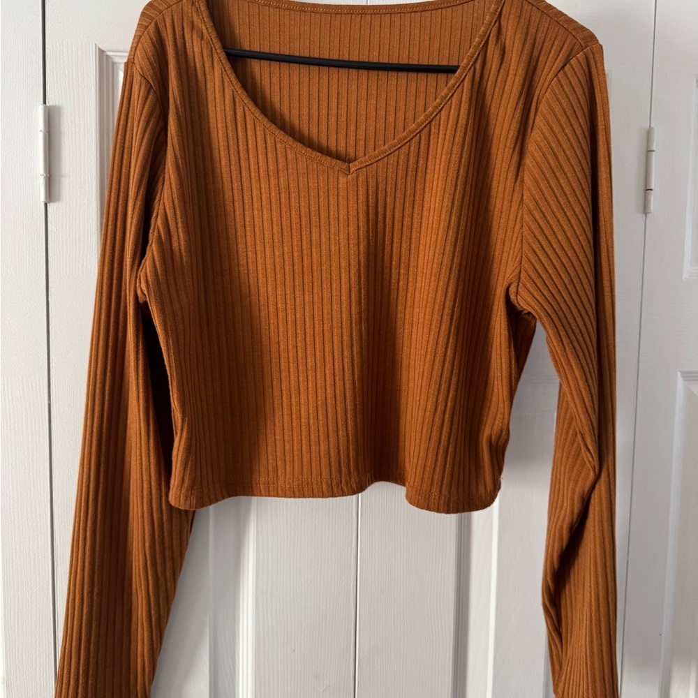 Women's Ribbed Brown Long Sleeve Top